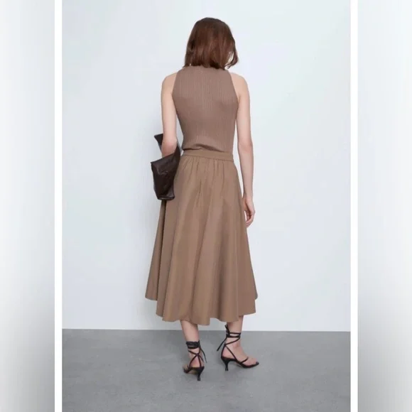 ZARA Tan Camel Khaki Button Down Elastic High-Waist Asymmetrical Midi Maxi Skirt - Picture 3 of 16